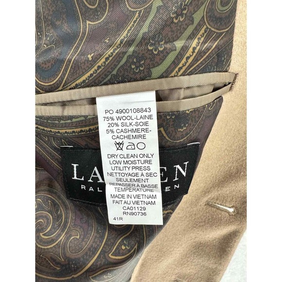 Lauren Ralph Lauren Men's Camel Wool Silk Cashmere Blend Blazer Classic Fit 41R - Picture 6 of 9